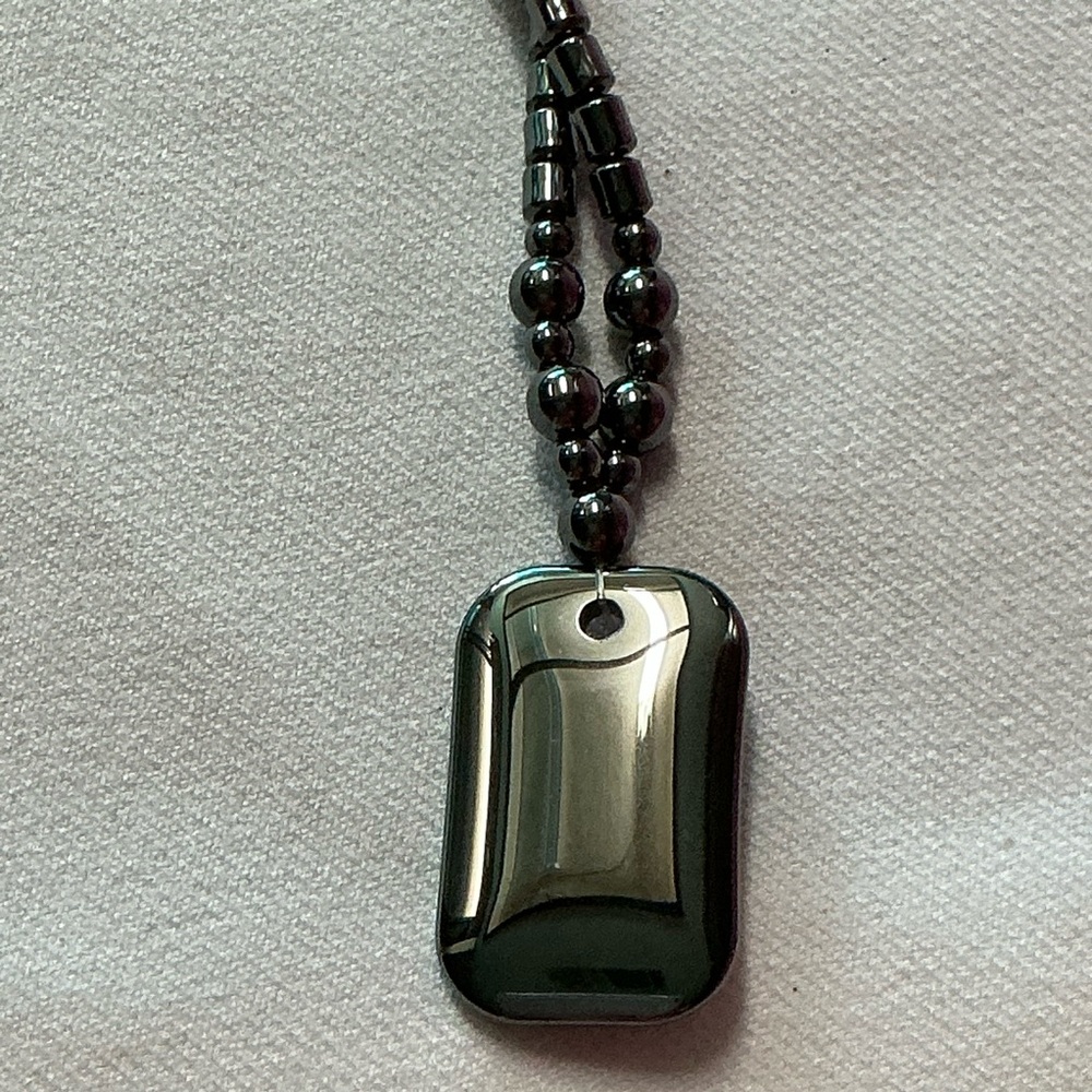 Black Grey Metallic Dog Tag Pendant Beaded Necklace